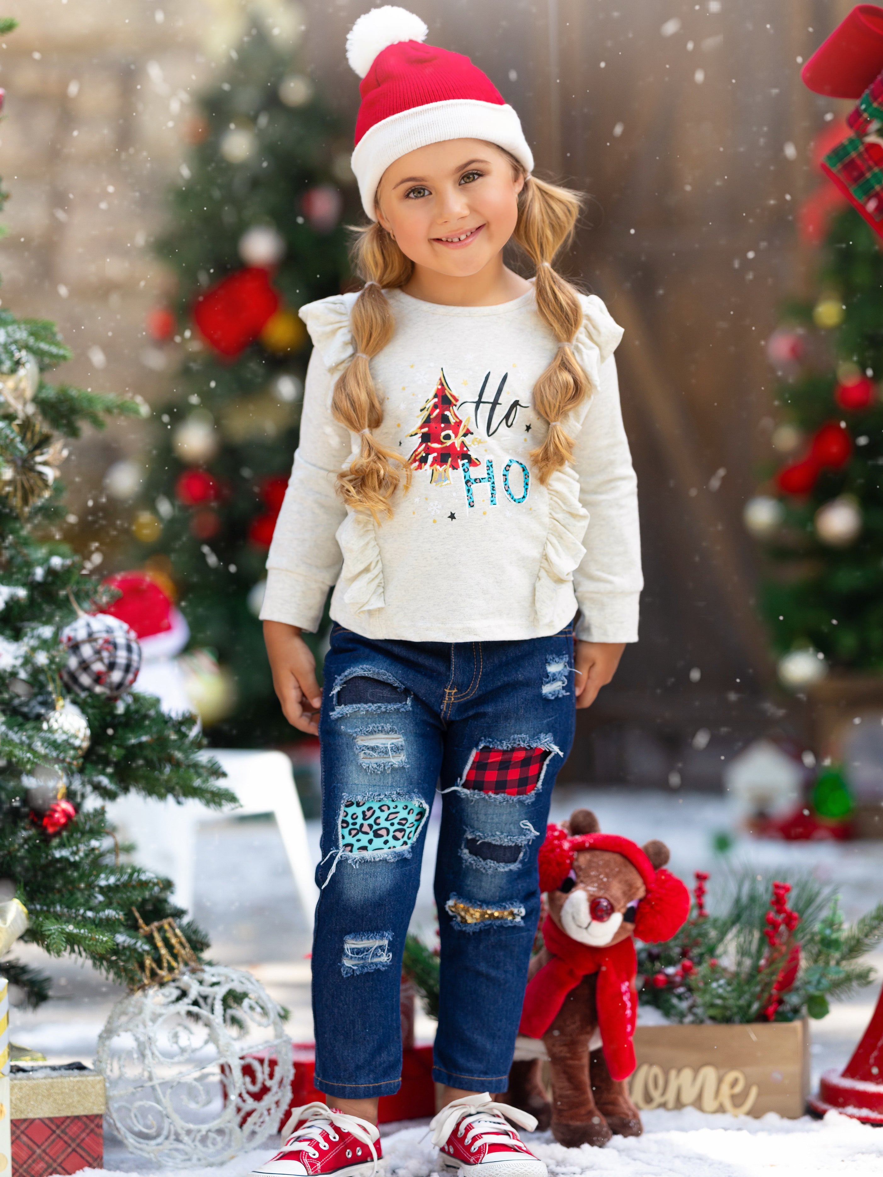 Cute Winter Denim Sets  Girls Santa Face Plaid Patched Jeans Set – Mia  Belle Girls