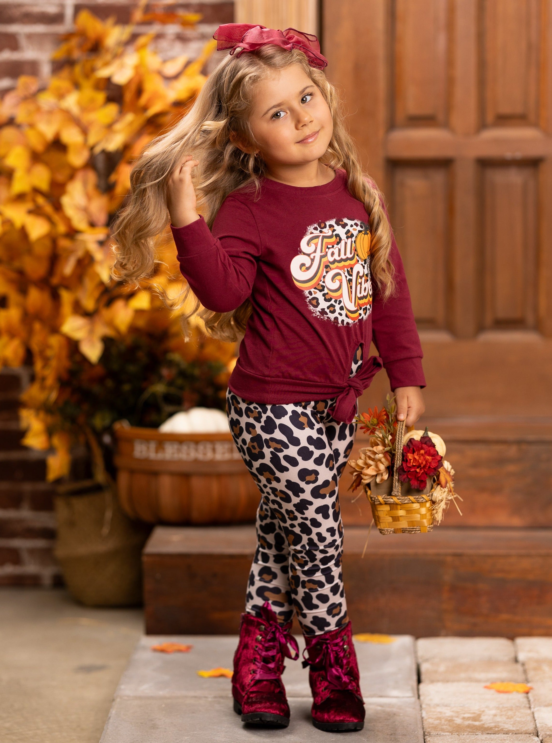 Vibes Knot Fall Belle - Girls Mia Legging Set And Leopard Pullover Hem