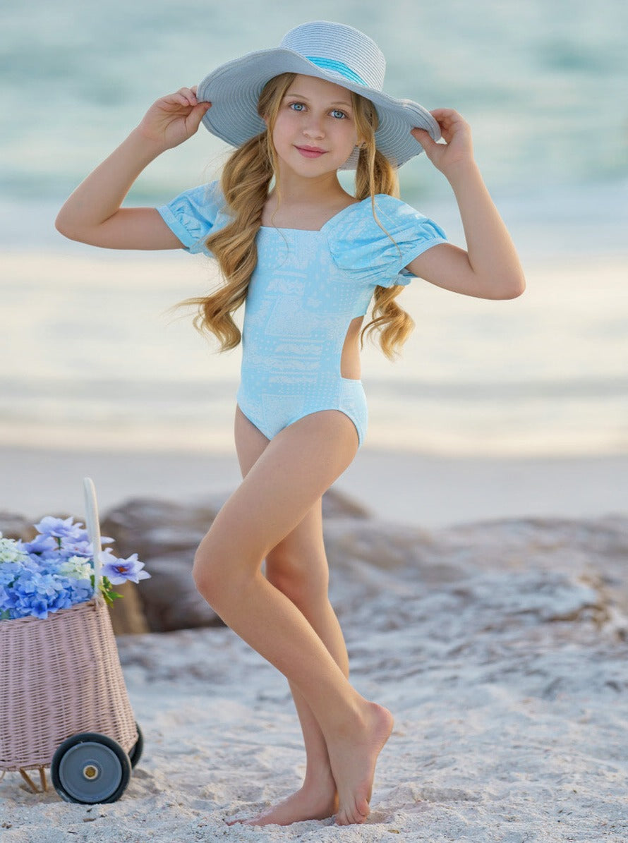 Puff sleeve one piece swimsuit