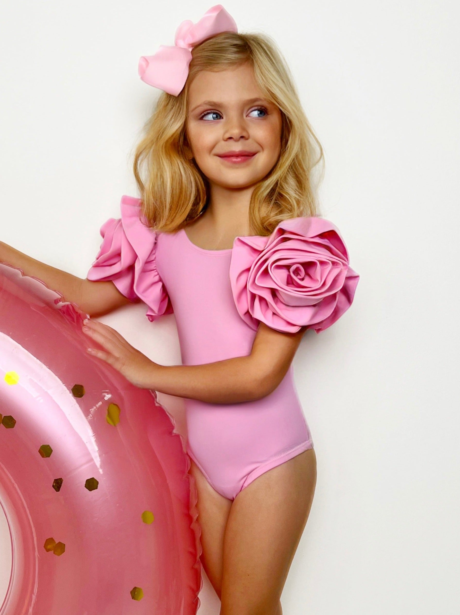 Mia Belle Girls Swimwear  Rose Sleeve Pink Plaid One Piece Swimsuit