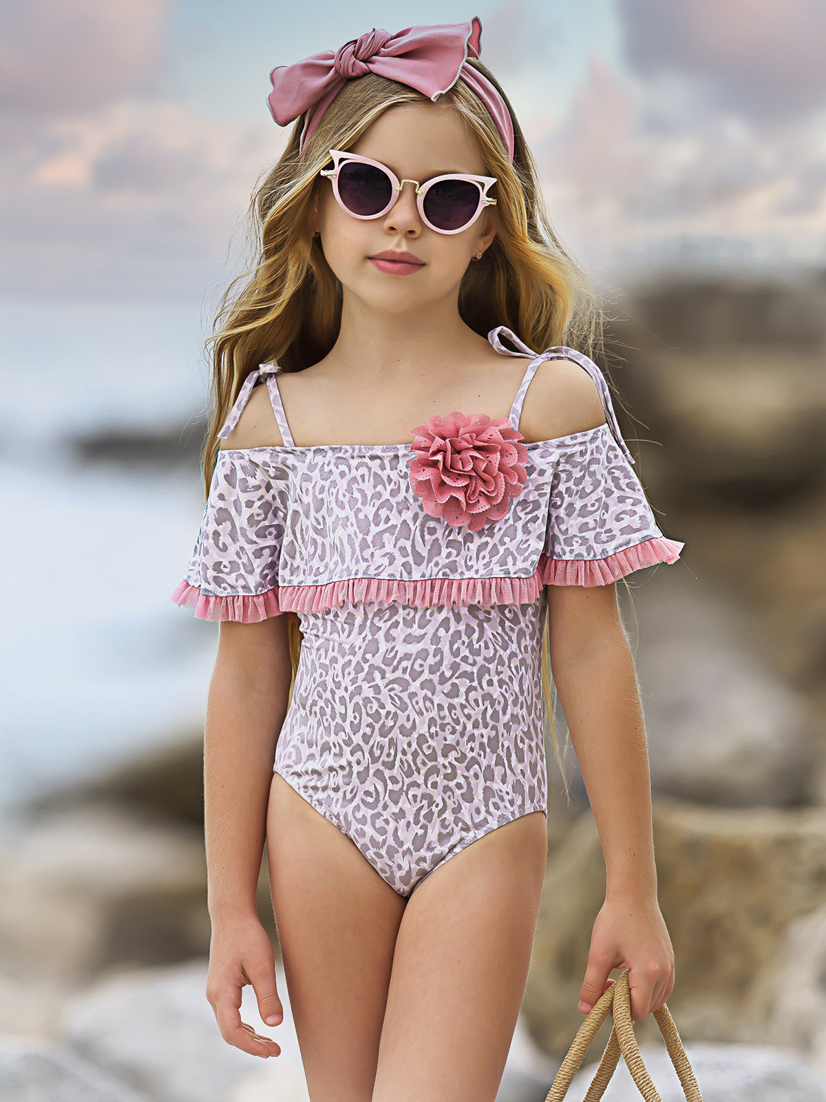 Kids Swimsuits  Girls Leopard Cold Shoulder Ruffle One Piece Swimsuit –  Mia Belle Girls