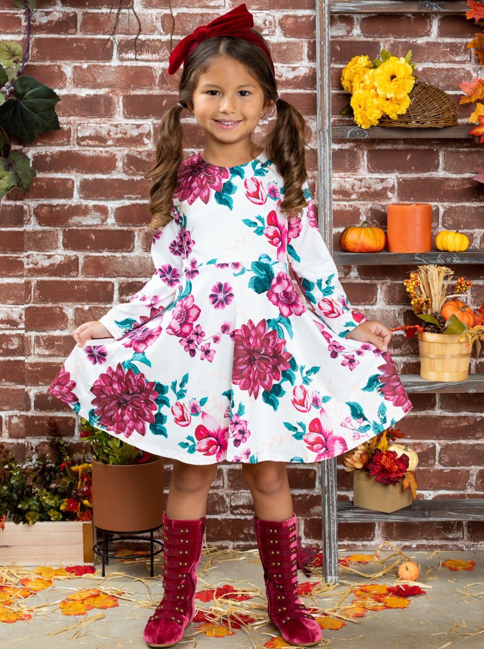 Mia Belle Girls Long Sleeve Floral Lace Dress