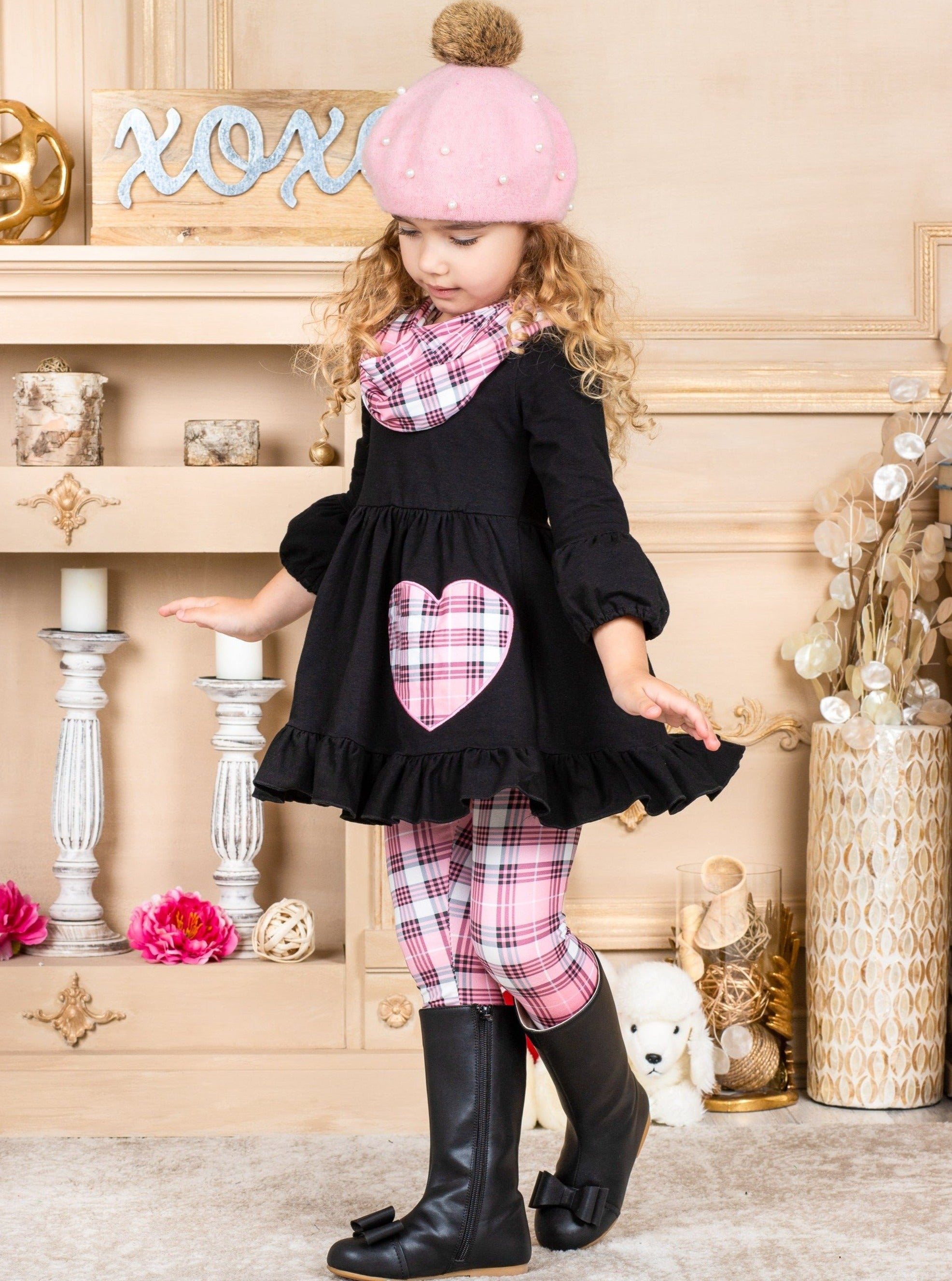 First Love Plaid Tunic, Scarf And Legging Set