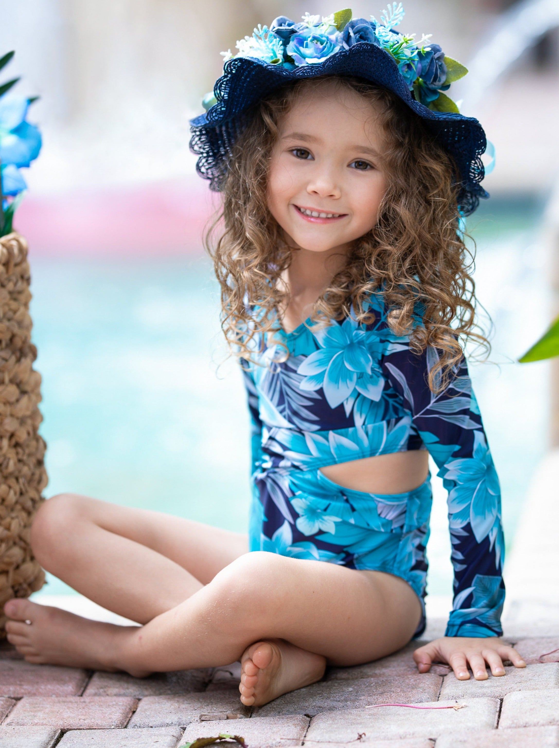 Little Girls Swimwear Tropical Print Side Cutout Rash Guard Swimsuit
