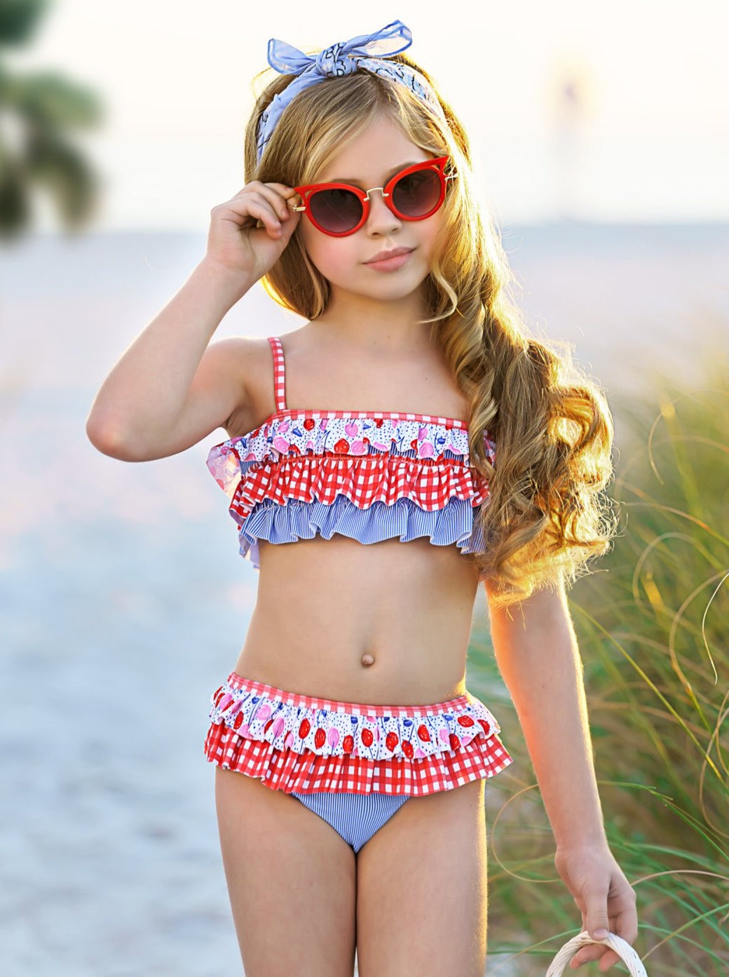 Family Matching Swimwear Two Pieces Bikini Set Newest Printed Ruffles Mommy  And Me Bathing Suits Women S Pink