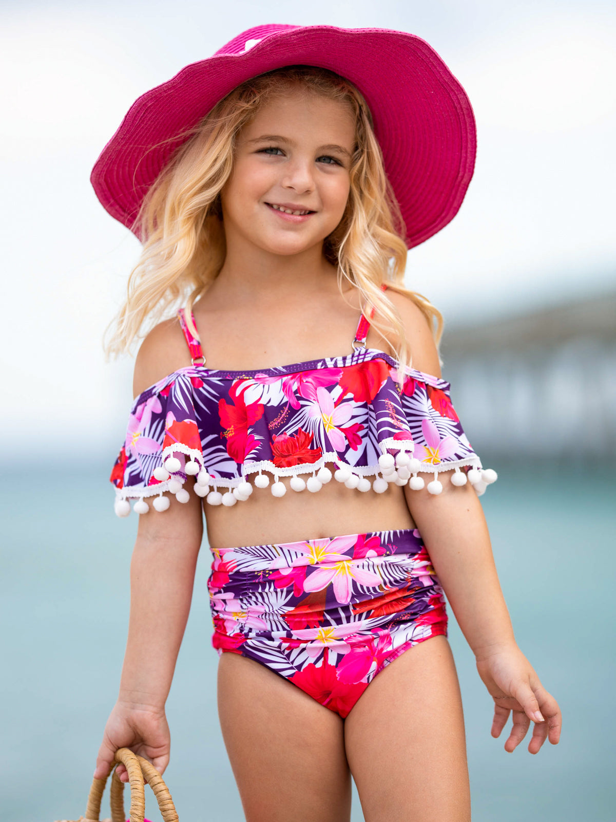 Kids Swimsuit  Girls Tropical Smocked High Waisted Two-Piece