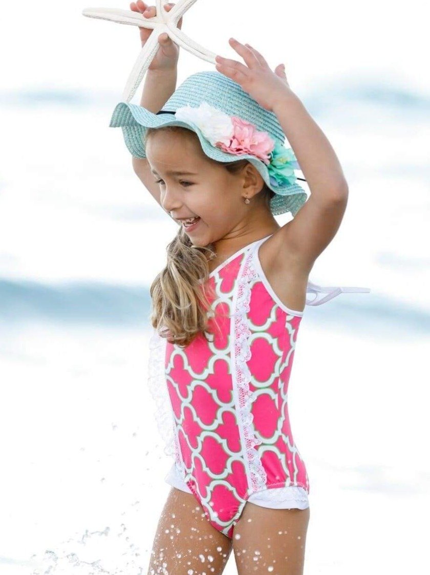 Mia Belle Girls V- Neck Haltered Lace Ruffled One Piece Swimsuit