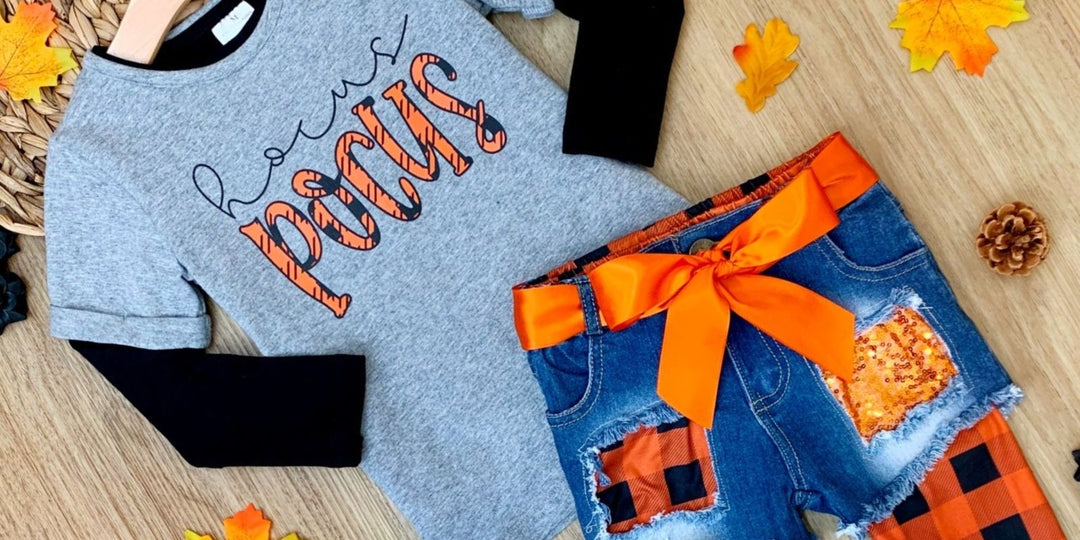 What's New @ Mia Belle: Hocus Pocus Top with Patched Denim Shorts and Plaid Legging Set