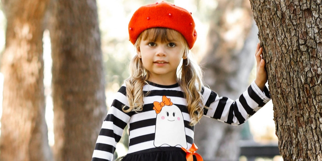 Mia Belle Girls Ensemble of the Week: Halloween Themed Long Sleeve Striped Ghost Print Tutu Dress