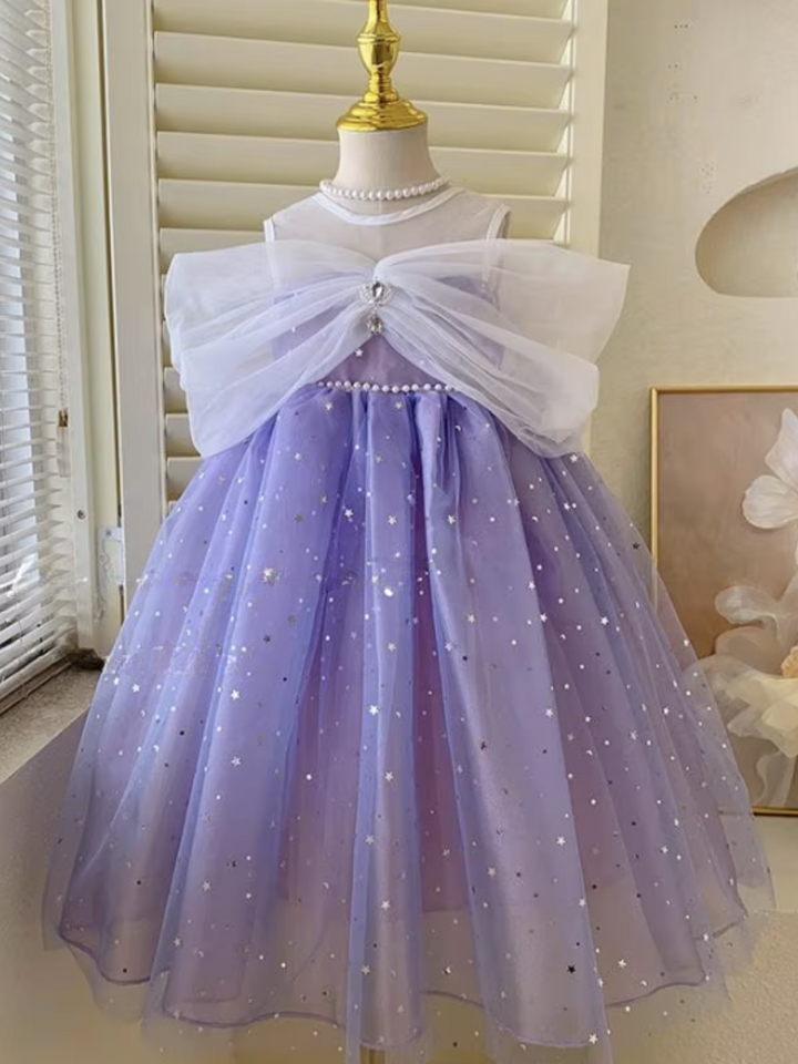 Girls Princess Starry Tulle with Pearl and Bow Detail Dress