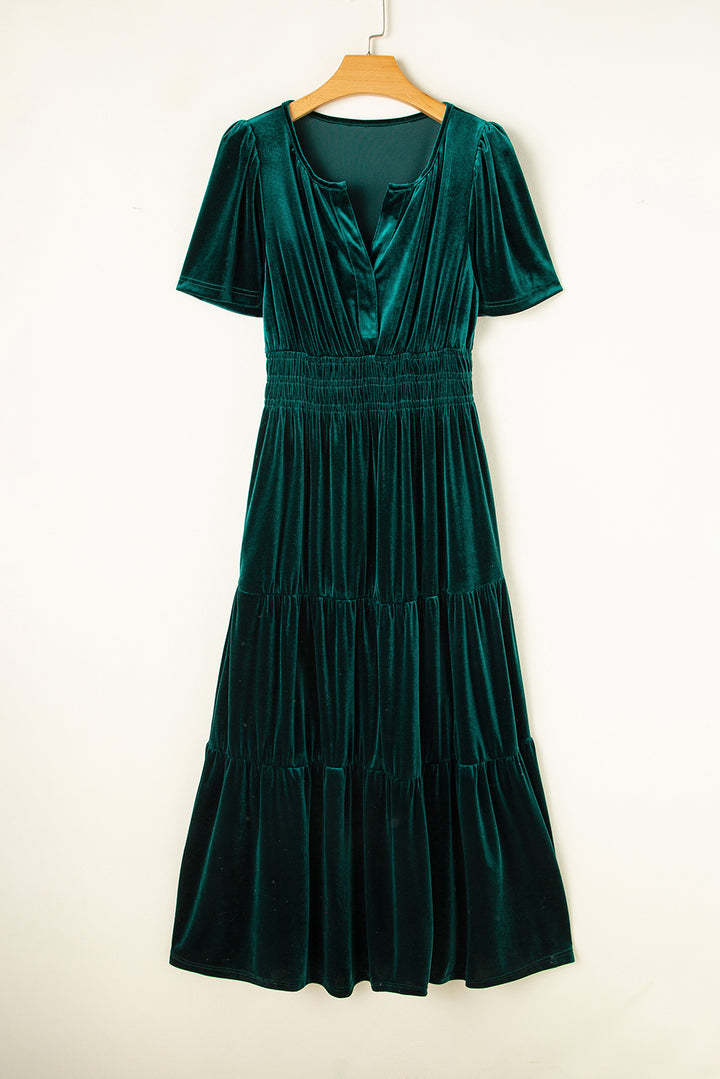 Womens Emerald Velvet Winter Wonder Maxi Dress with Puff Sleeves