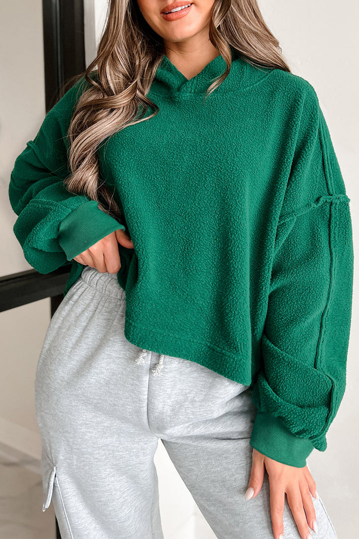 Womens Dark Green Sherpa Fleece Drop Shoulder Hoodie