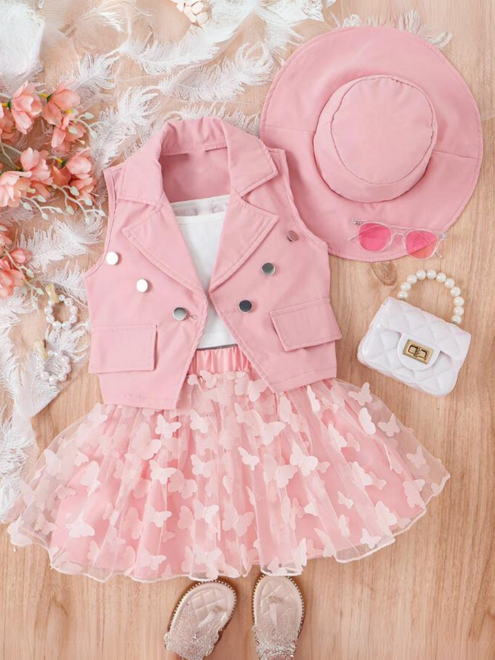 Pink Vest, Top, And Butterfly Skirt Set | Mia Belle Girls Spring Sets