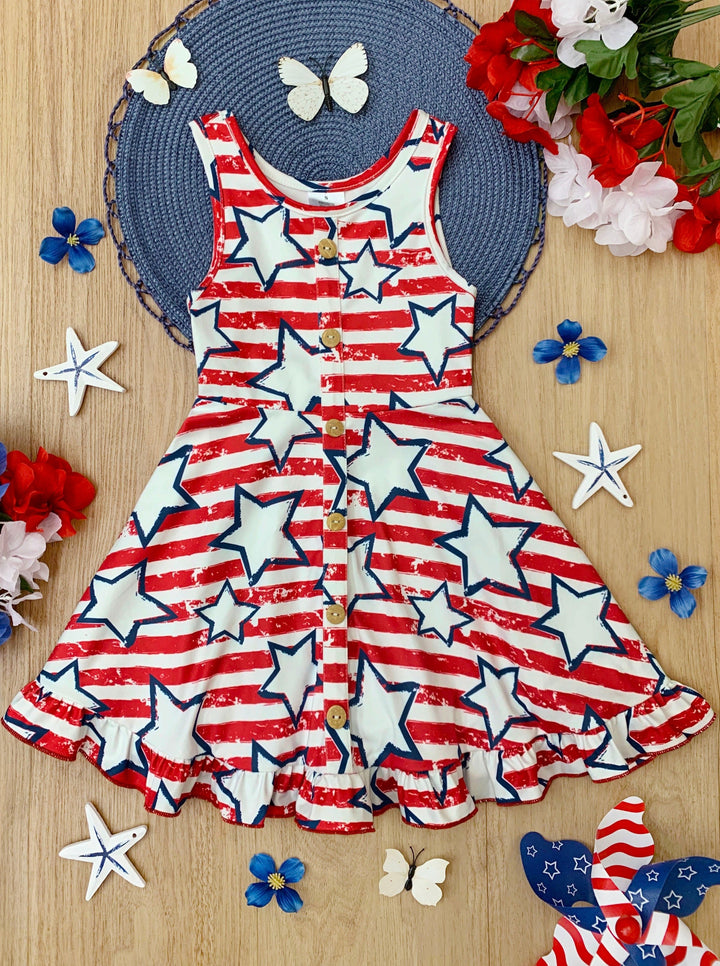 Mia Belle Girls Stars And Stripes Ruffle Hem Sundress | 4th of July