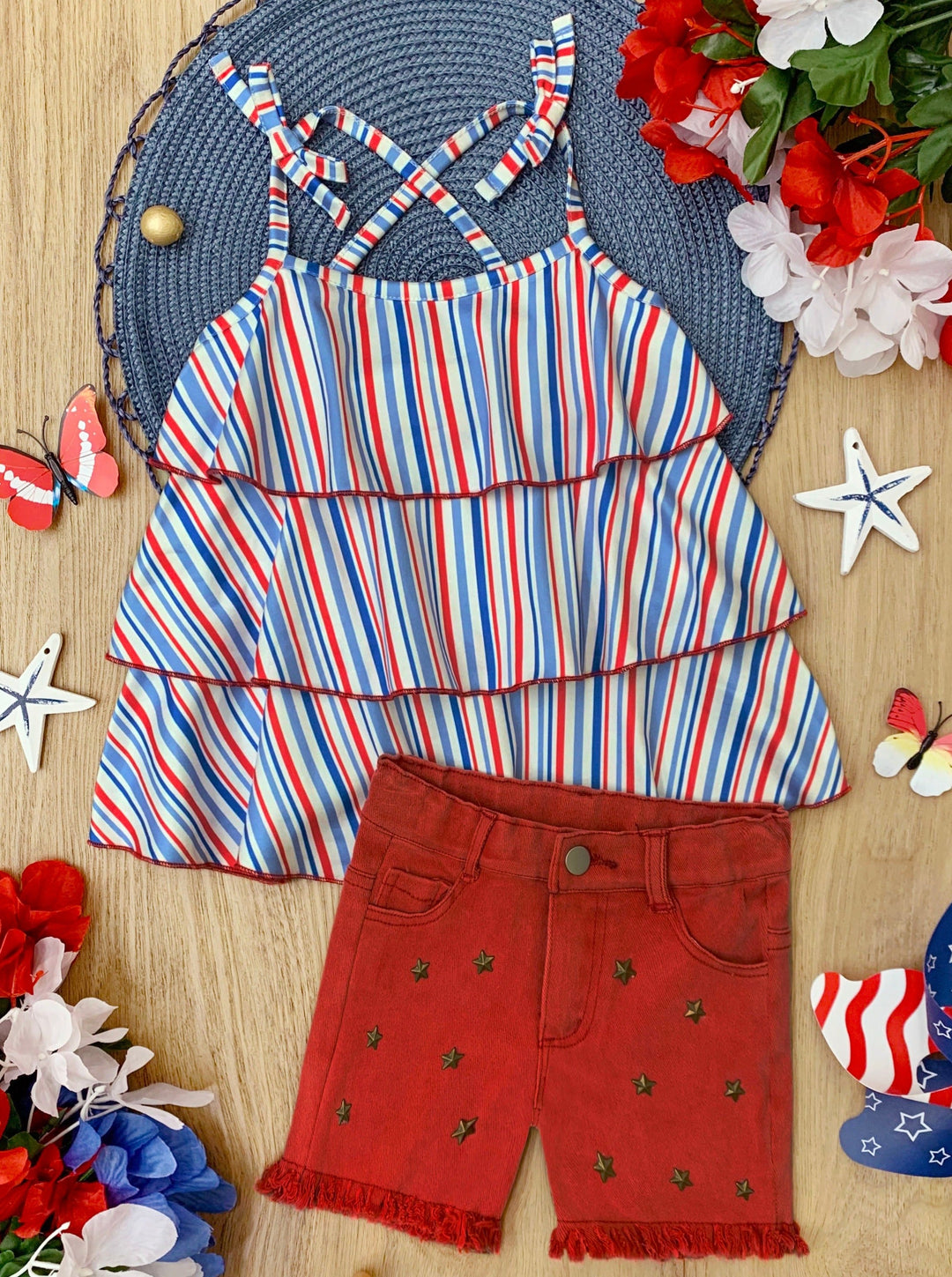 Girls Tiered Halter Top And Frayed Denim Shorts Set | 4th of July