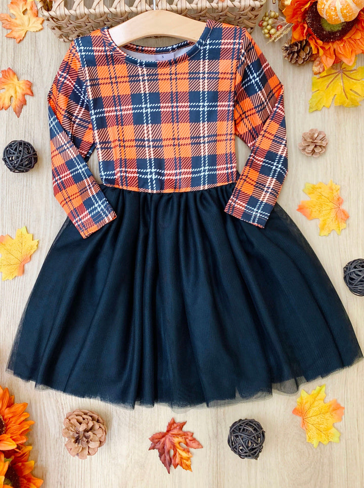 Girls Long Sleeved Black and Orange Plaid Tutu Dress - Mia Belle Girls