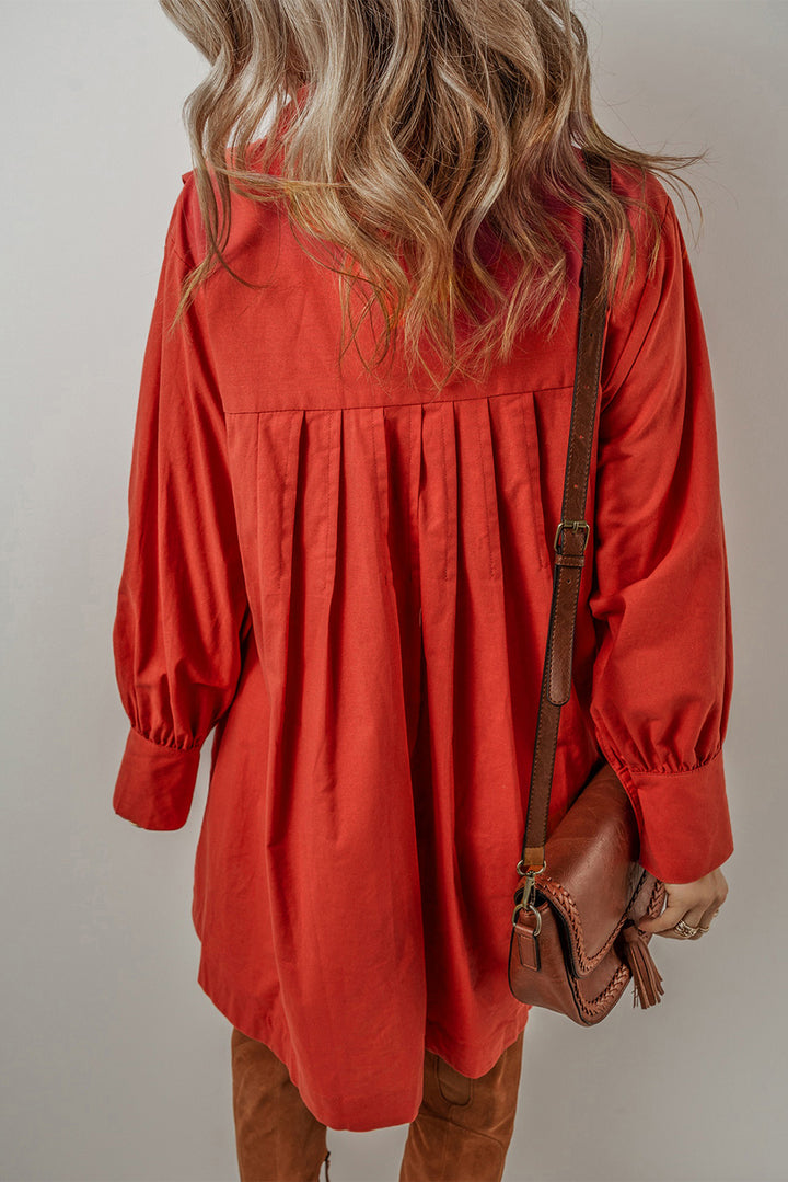 Womens Tomato Red Bishop Sleeve Button Up Pleated Mini Shirt Dress