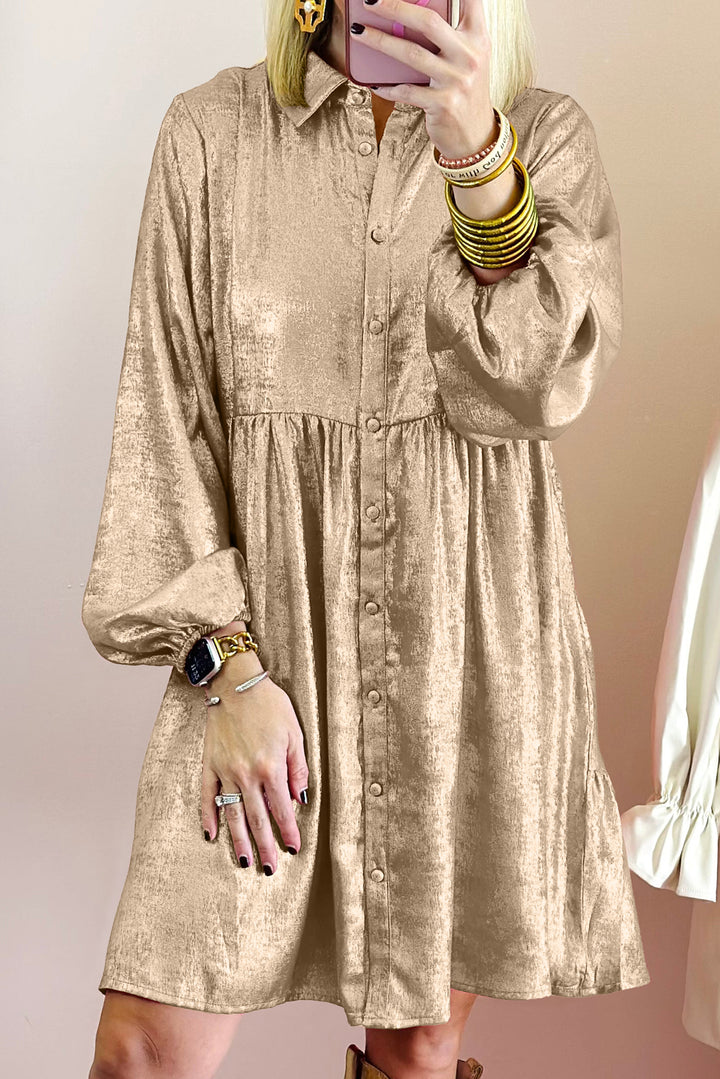 Womens Apricot Metallic Sheen Puff Sleeve Button Up Mini Shirt Dress