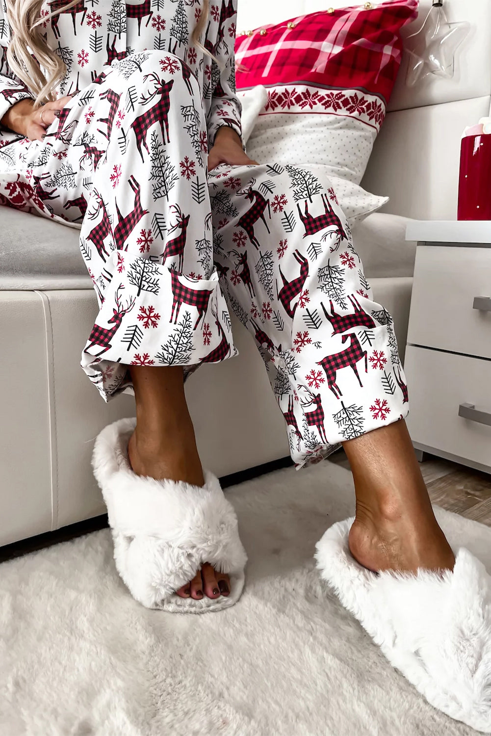 Womens White Christmas Printed Shirt and Pants Pajama Set