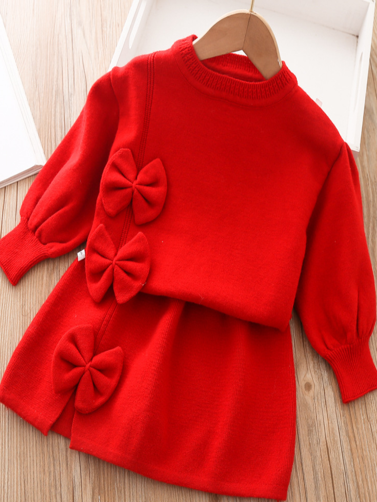 Preppy Chic Outfit | Red Bowknot Sweater & Skirt Set | Mia Belle Girls