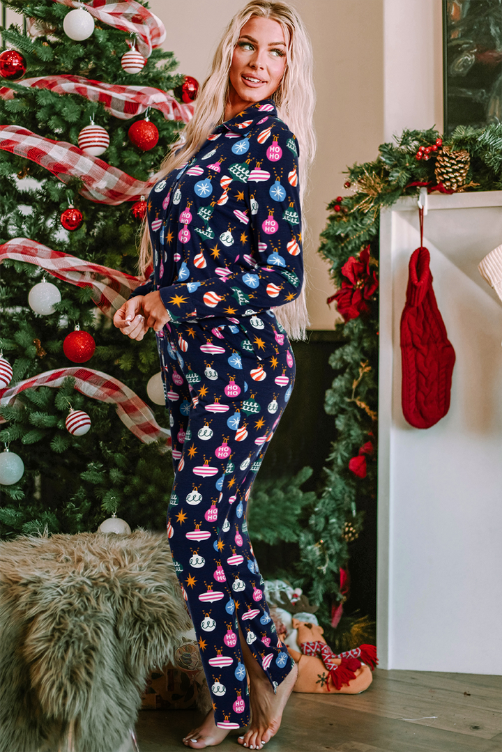 Womens Navy Blue Colorful Christmas Lights Print Shirt and Pants Pajama Set