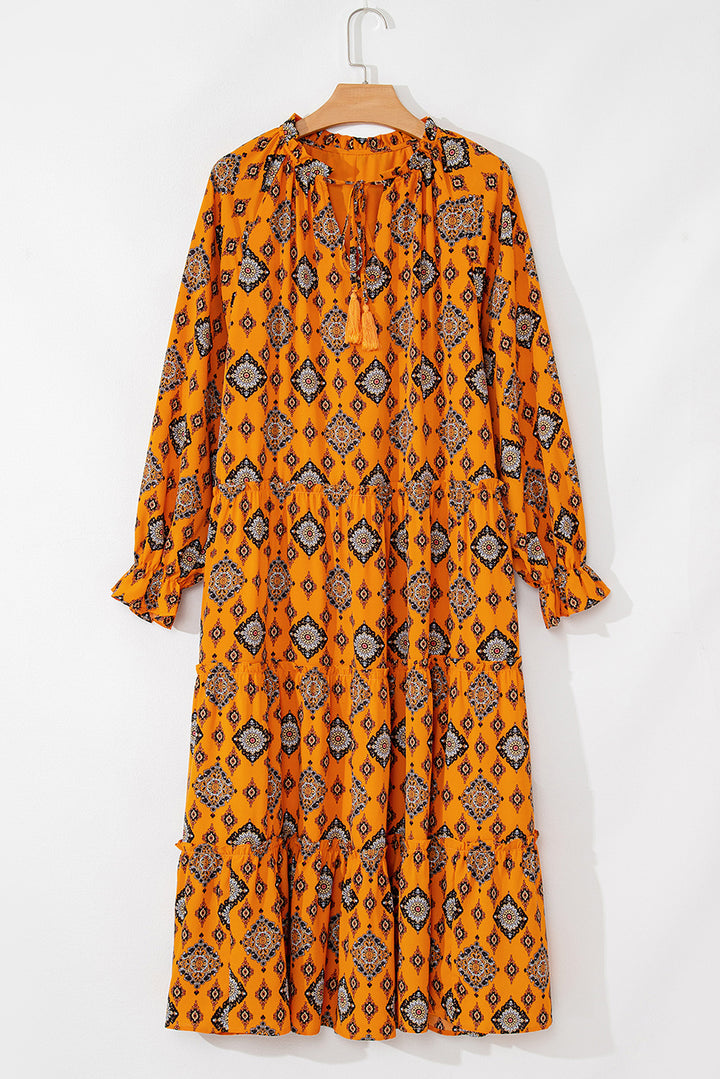 Womens Orange Western Geometric Print Tiered Frilled Loose Fit Midi Dress