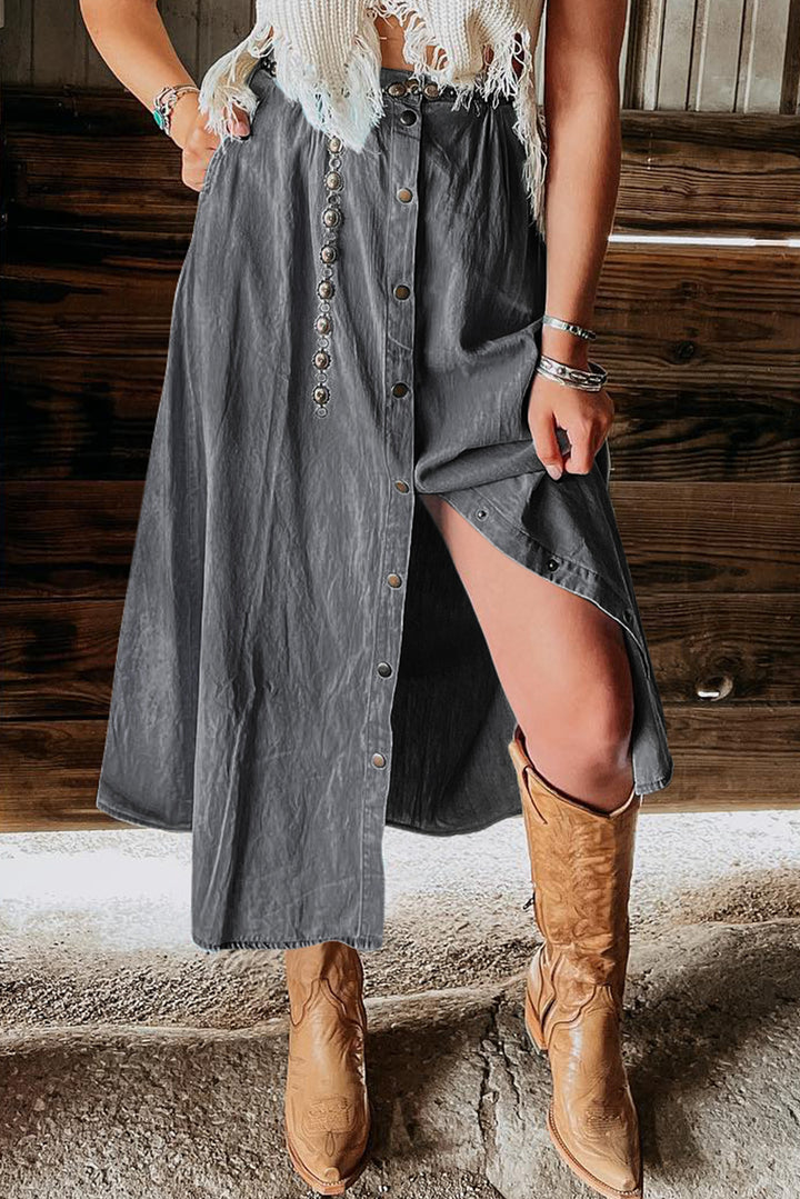 Womens Dark Grey Fully Buttoned Long Denim Skirt