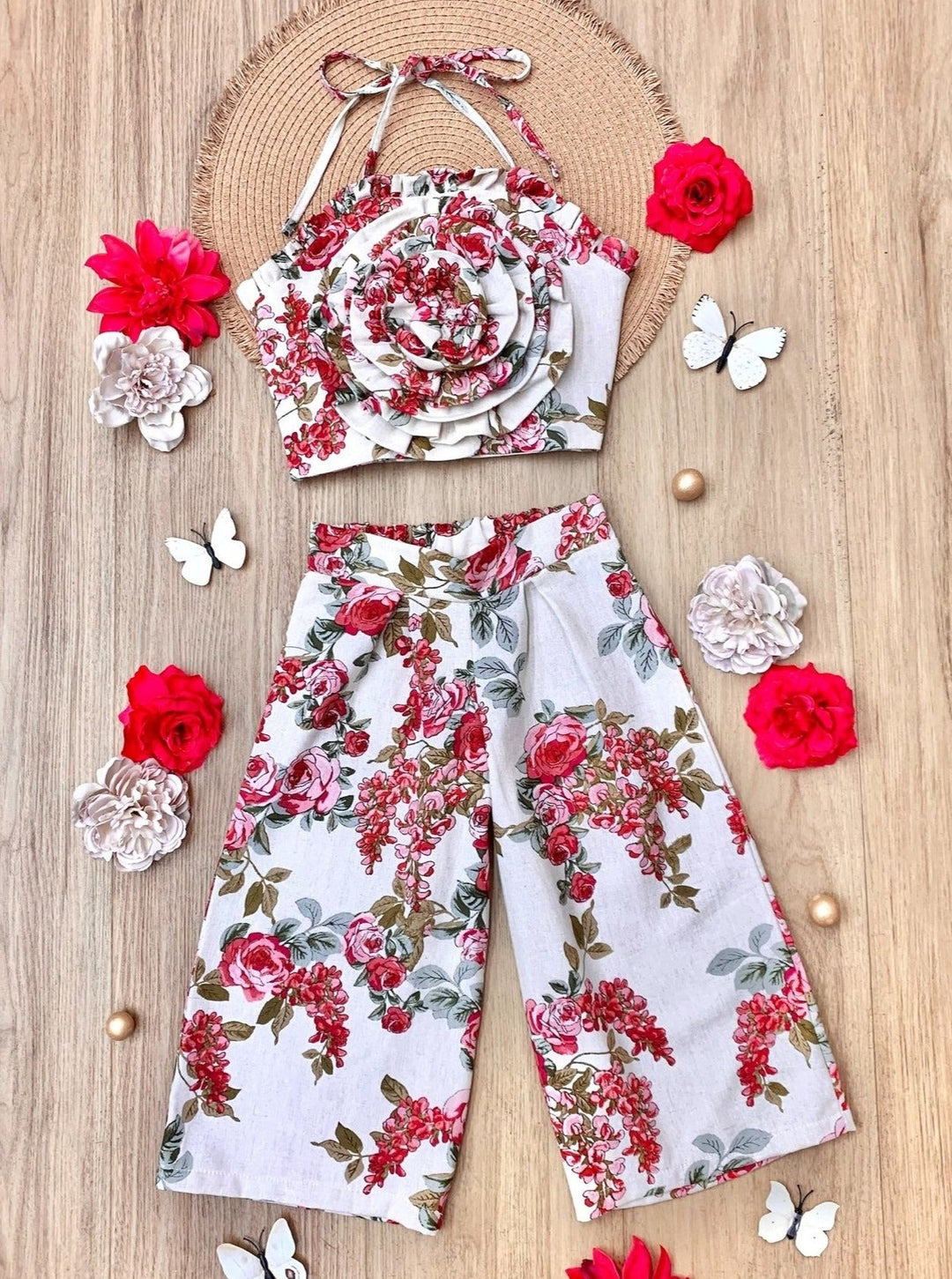 Mia Belle Girls Rose Top And Palazzo Pants Set | Girls Spring Outfits