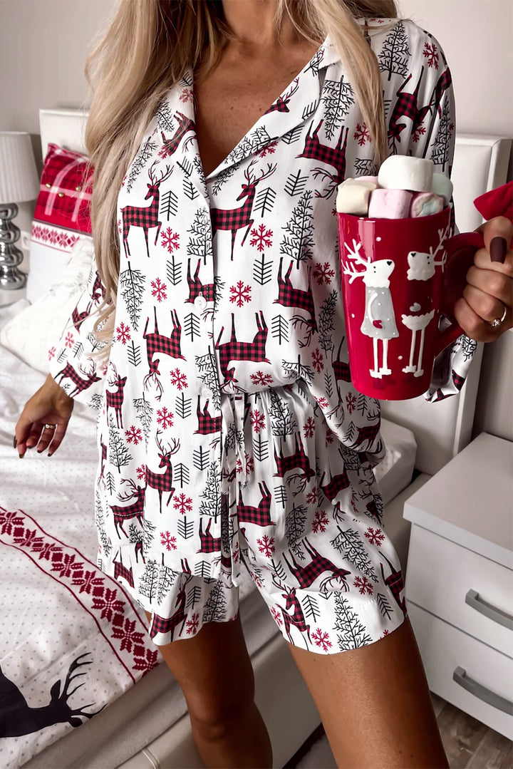 Womens White Christmas Deer Printed Shirt and Shorts Pajama Set