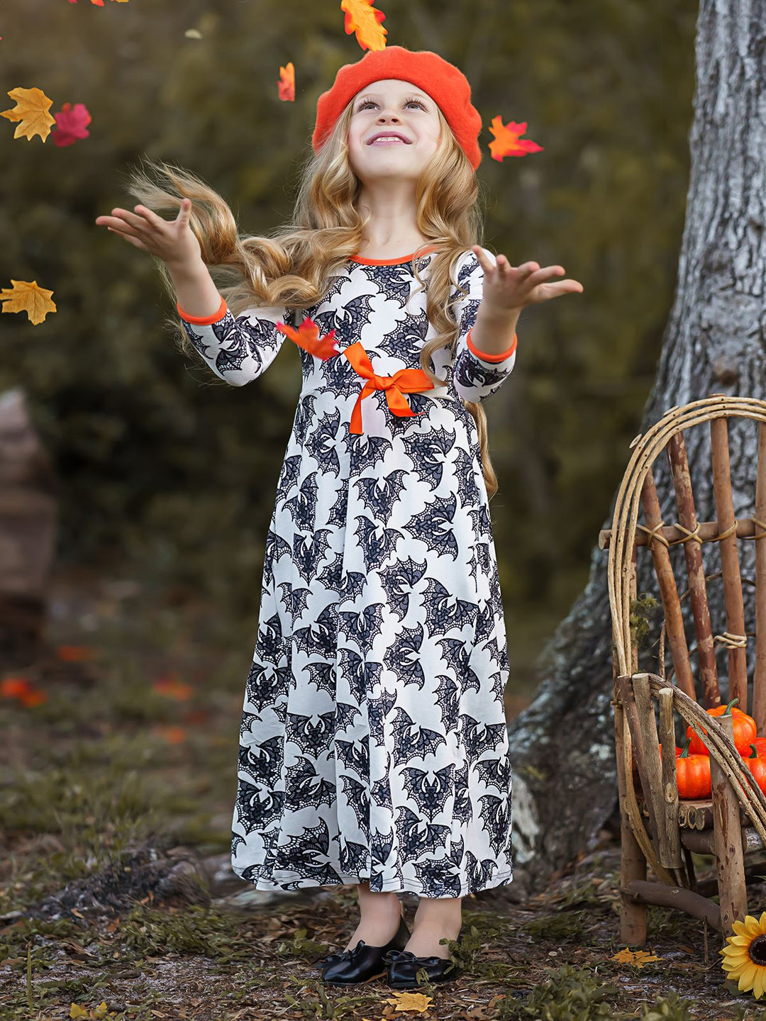 Girls Halloween Dress | Boho Bat Print Maxi Dress - Mia Belle Girls