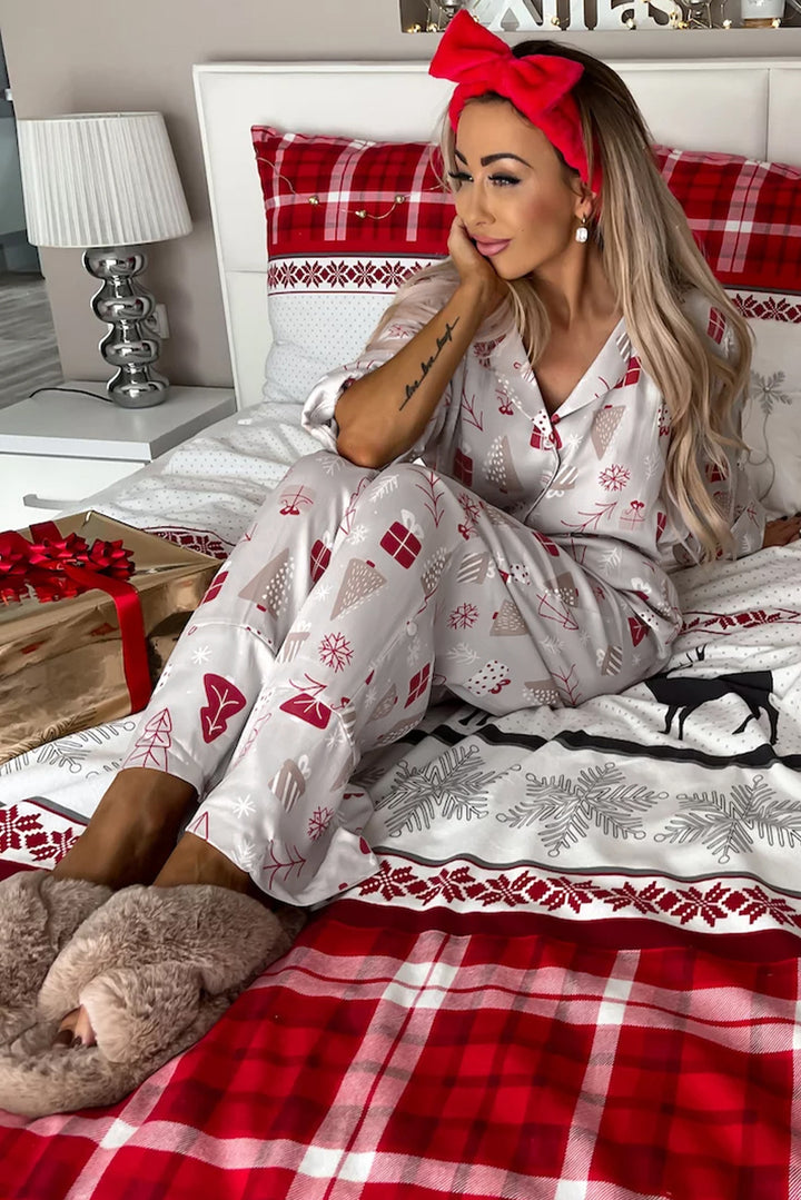 Womens Light Grey Christmas Printed Shirt and Pants Pajama Set