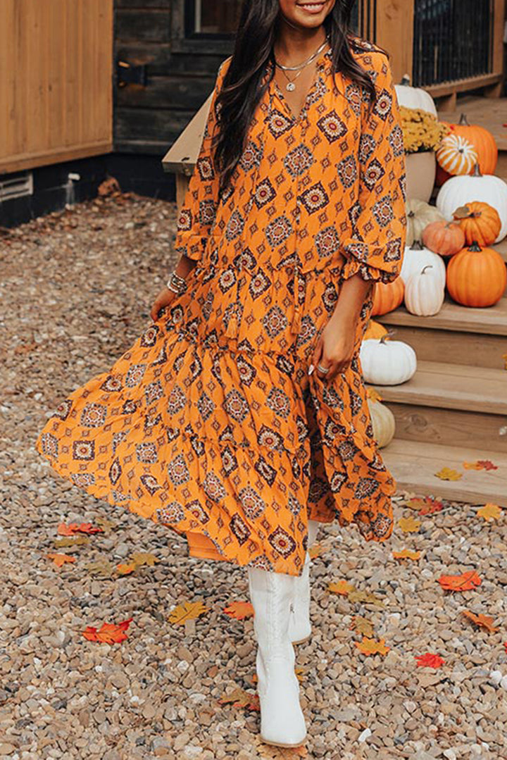 Womens Orange Western Geometric Print Tiered Frilled Loose Fit Midi Dress