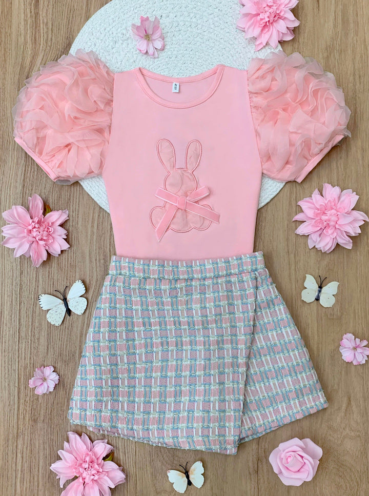 Mia Belle Girls Puff Sleeve And Plaid Skort Set | Girls Easter Sets