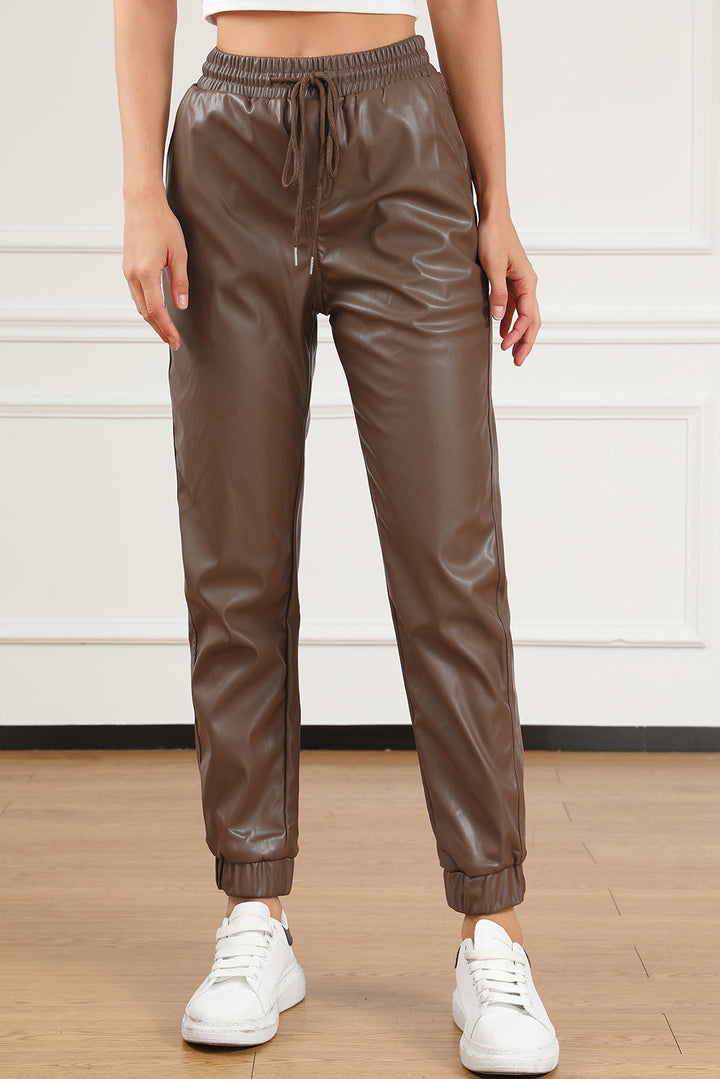 Womens Faux Leather Joggers with Drawstring Waist in Brown