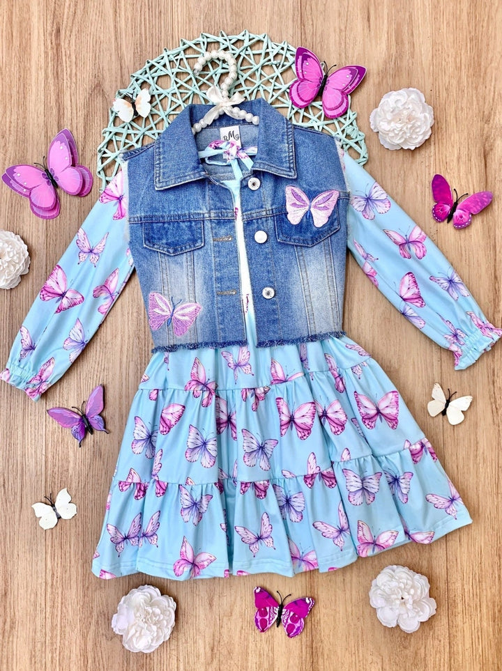 Mia Belle Girls Denim Vest And Butterfly Dress Set | Girls Easter Sets