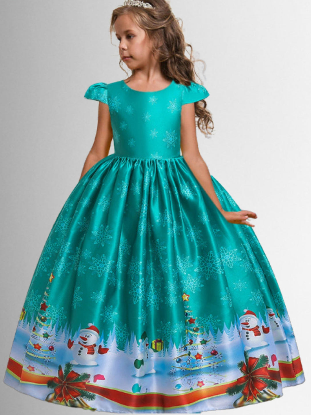 Girls Christmas Dresses | Cap Sleeve Snowman Scene Print Holiday Gown