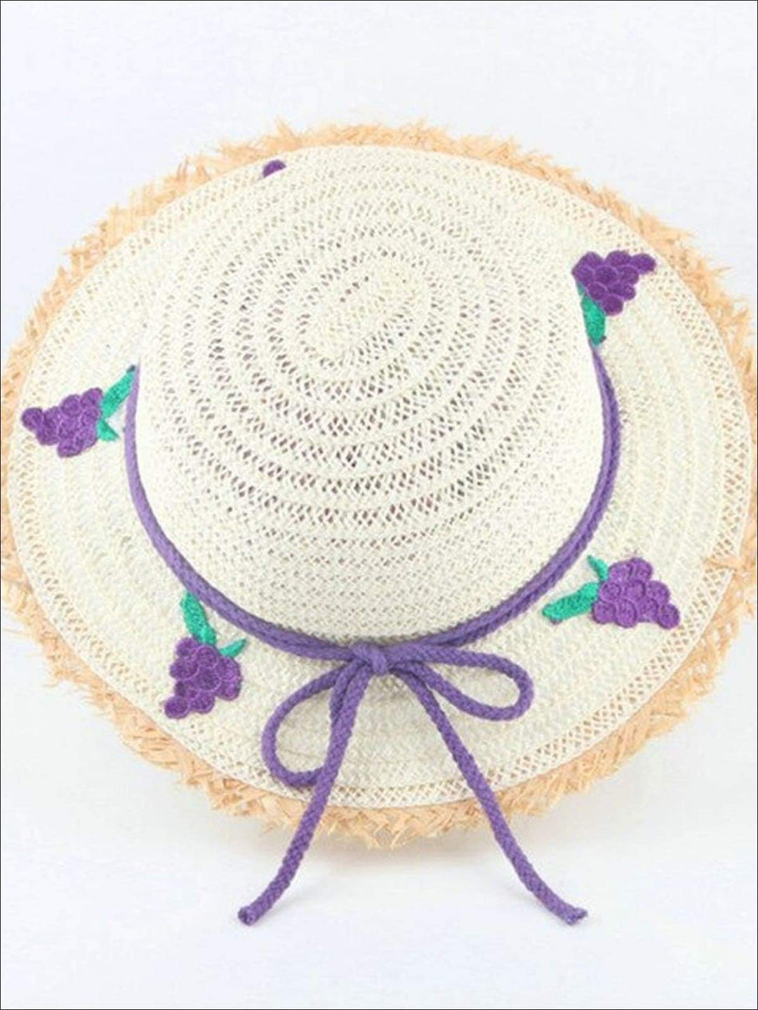 Girls Frayed Edge Fruit Embroidered Straw Hat