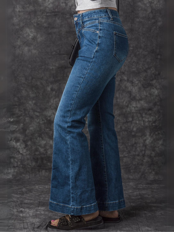 Womens Blue High-Waisted Flare Jeans with Contrast Stitching