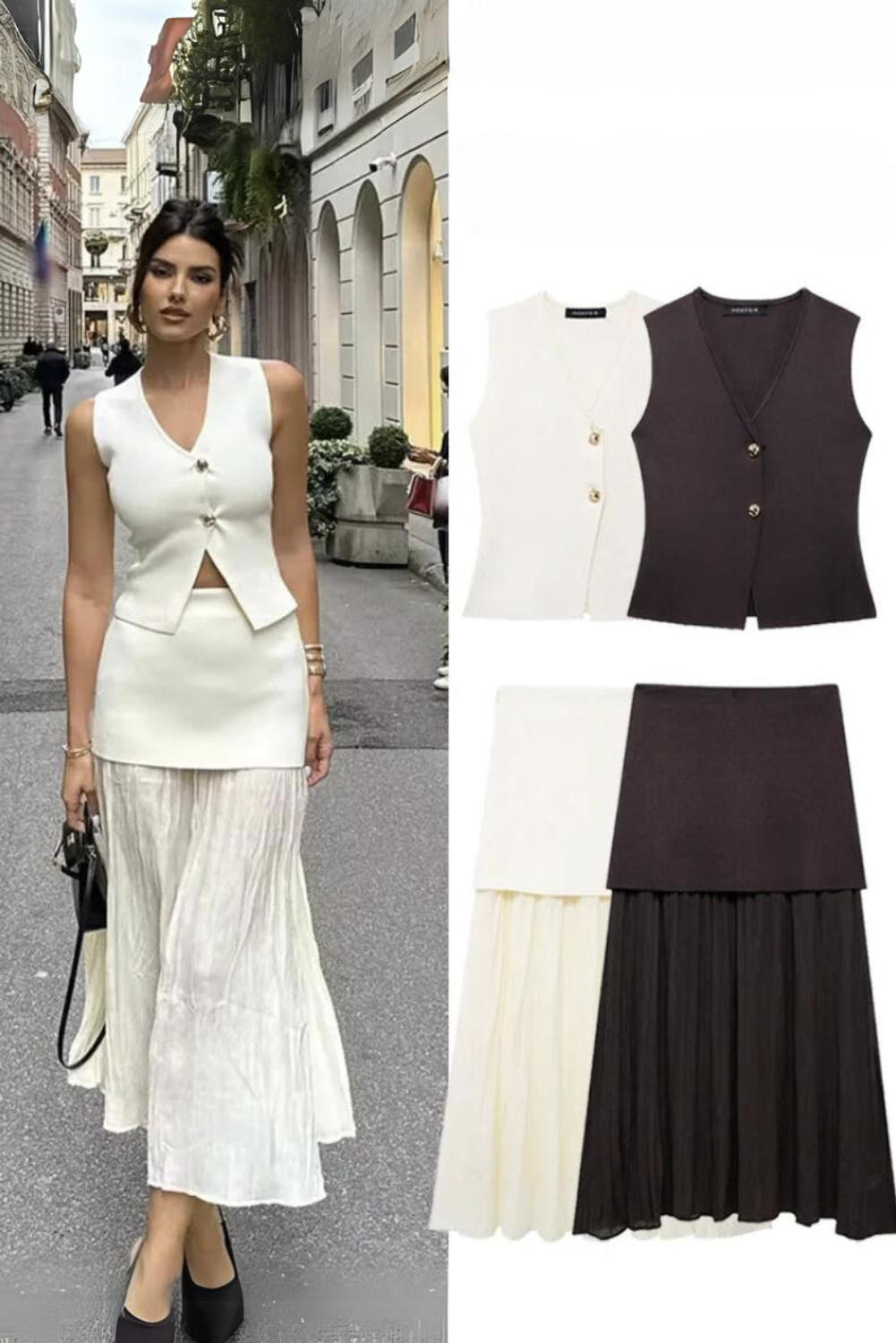 Womens Elegant Two-Piece Black V-Neck Sleeveless Top & High Waist Layered Skirt Set