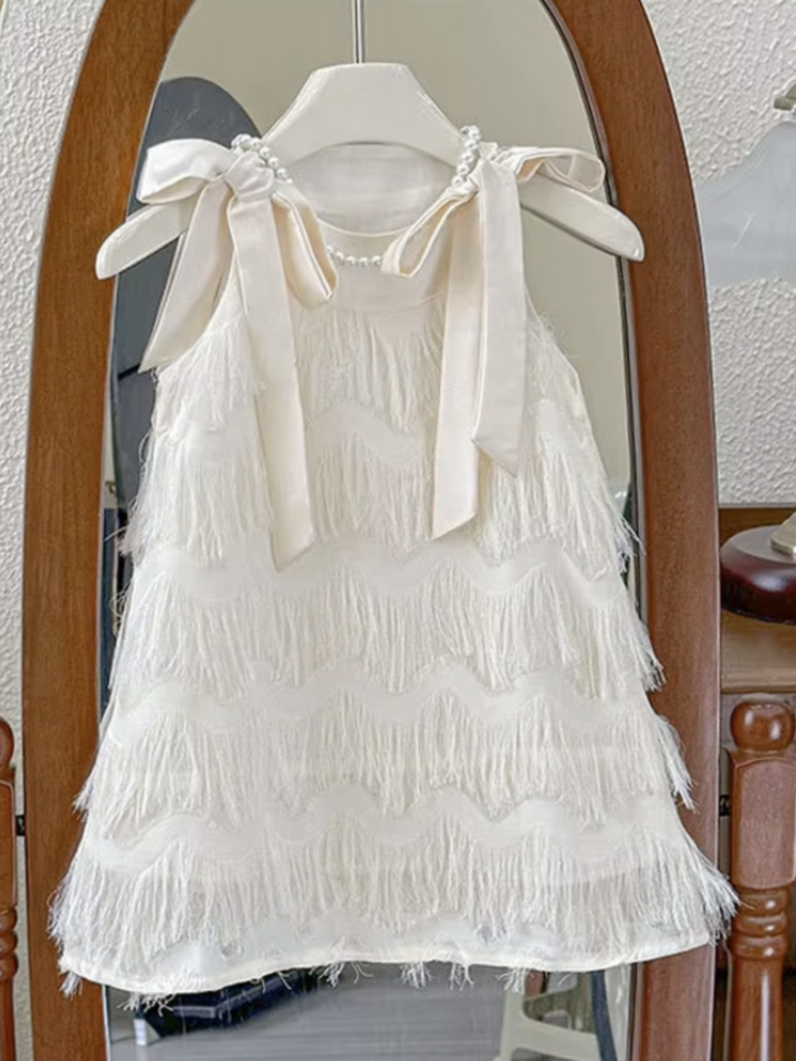 Special Elegant Ivory Fringe A-Line Dress with Bow Straps