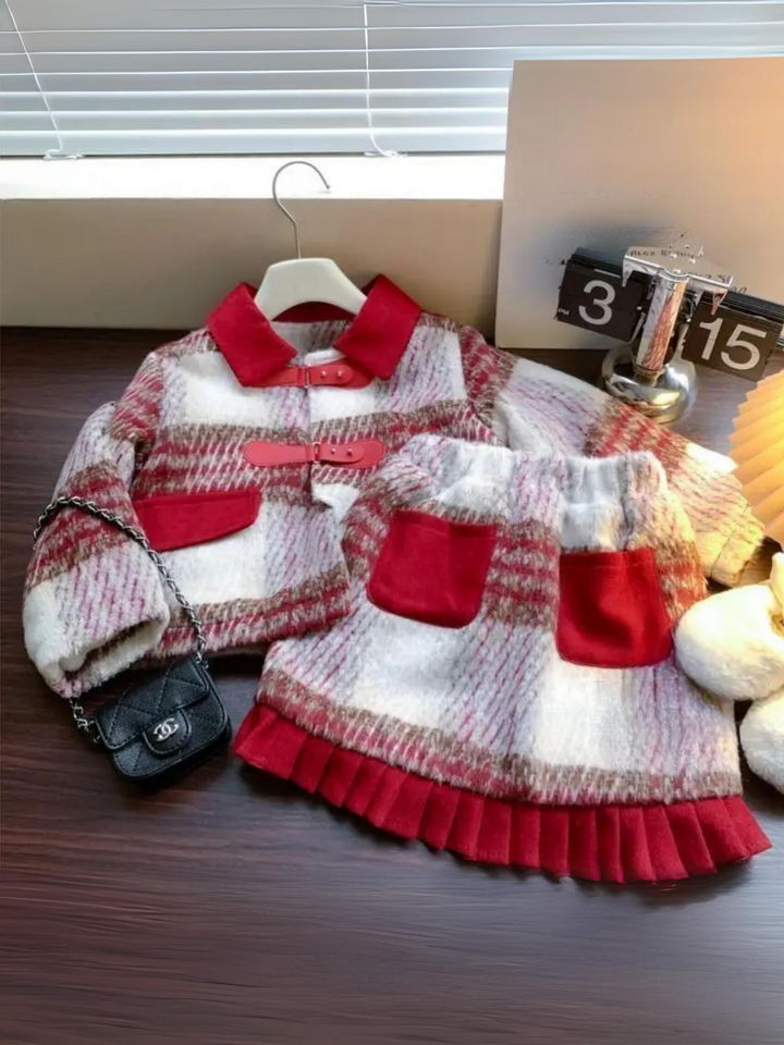 Cozy Fall Elegant Woolen Plaid Coat & Skirt Set