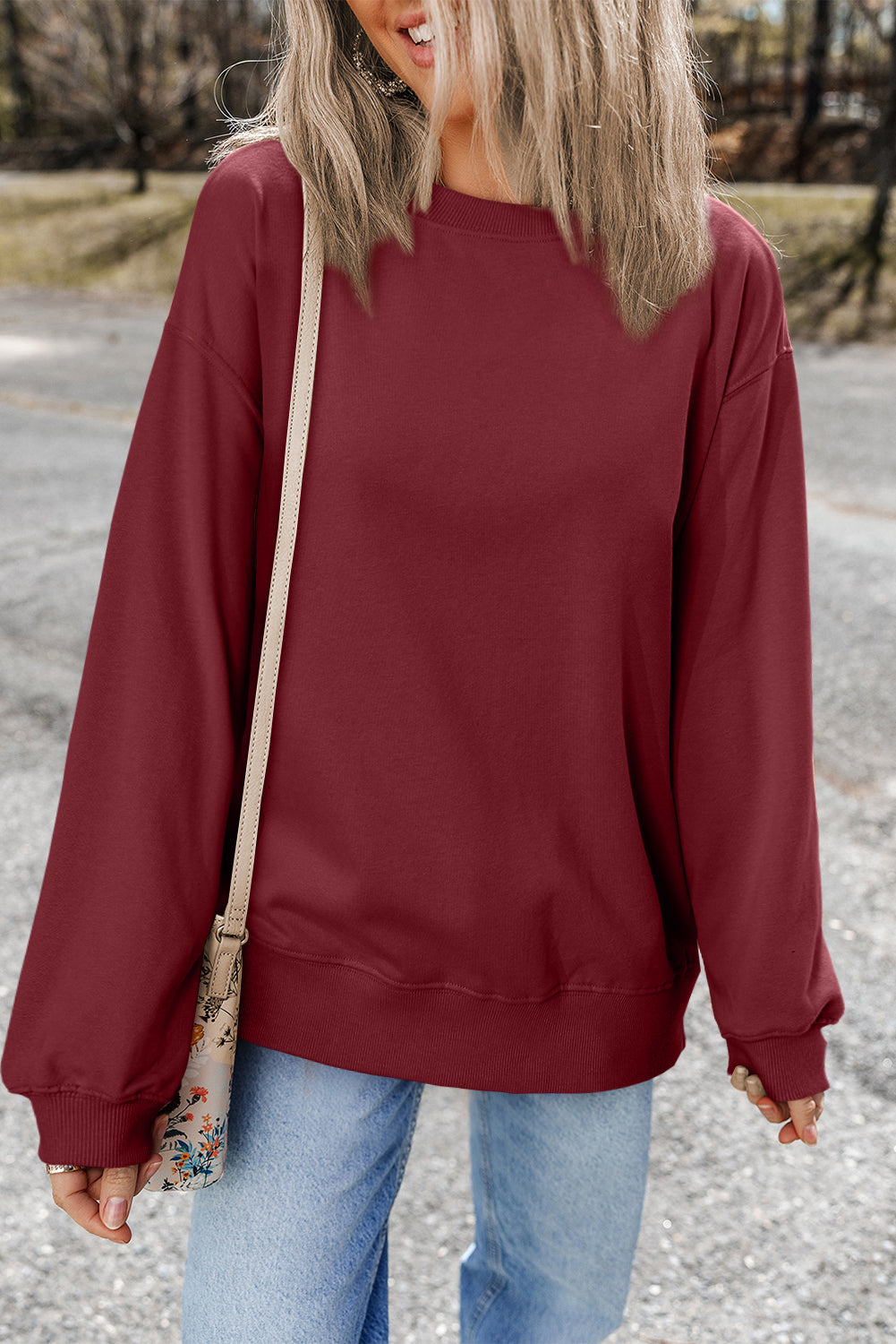 Womens Burgundy Plain Drop Shoulder Crewneck Pullover Sweatshirt