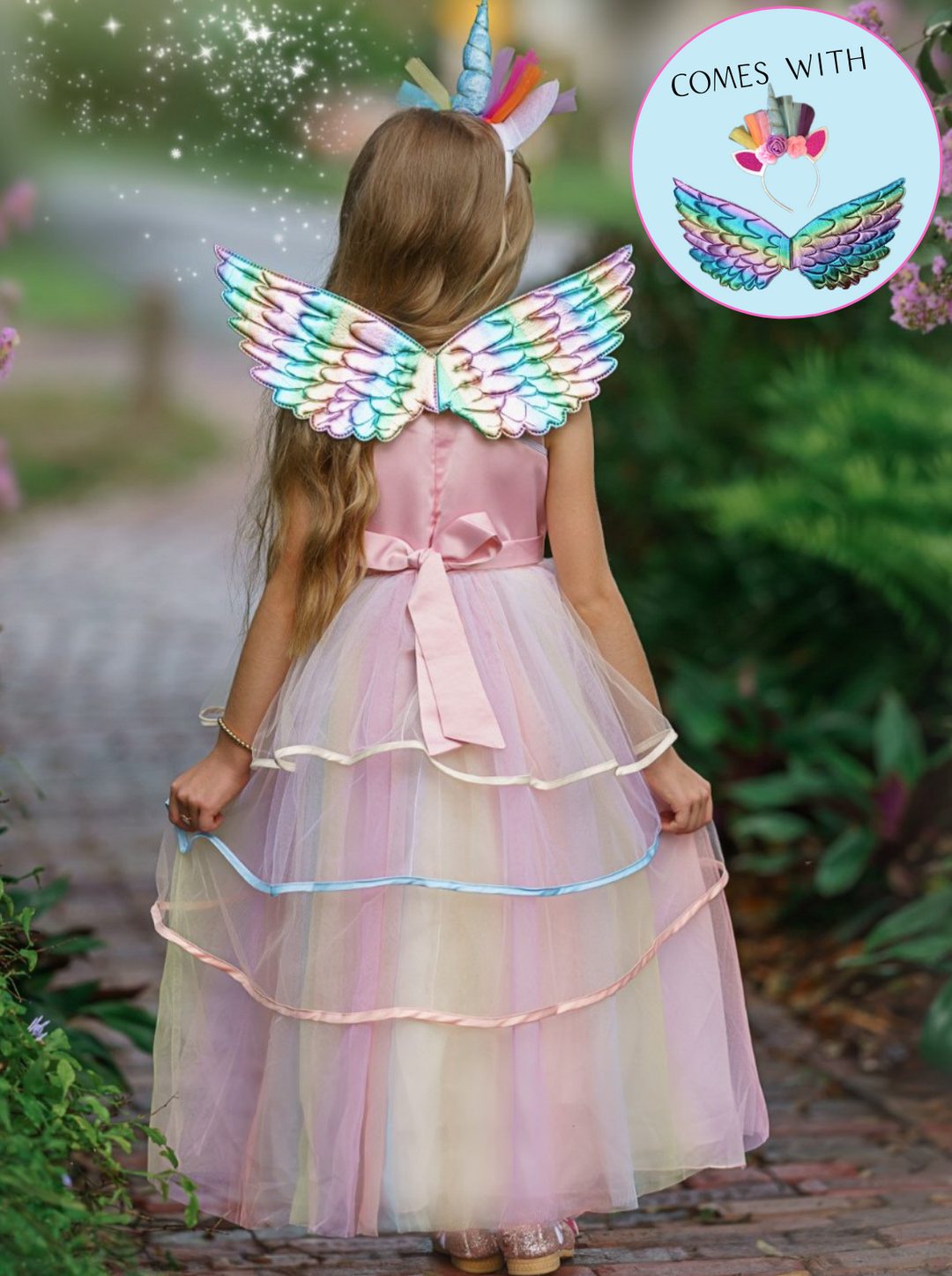 Girls Rainbow Unicorn Princess Tulle Dress, Wings and Headband Set ...