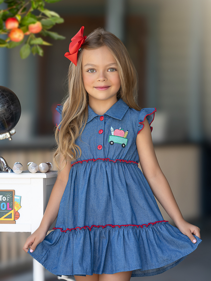 Classroom Cutie Ruffle Trim Denim Dress