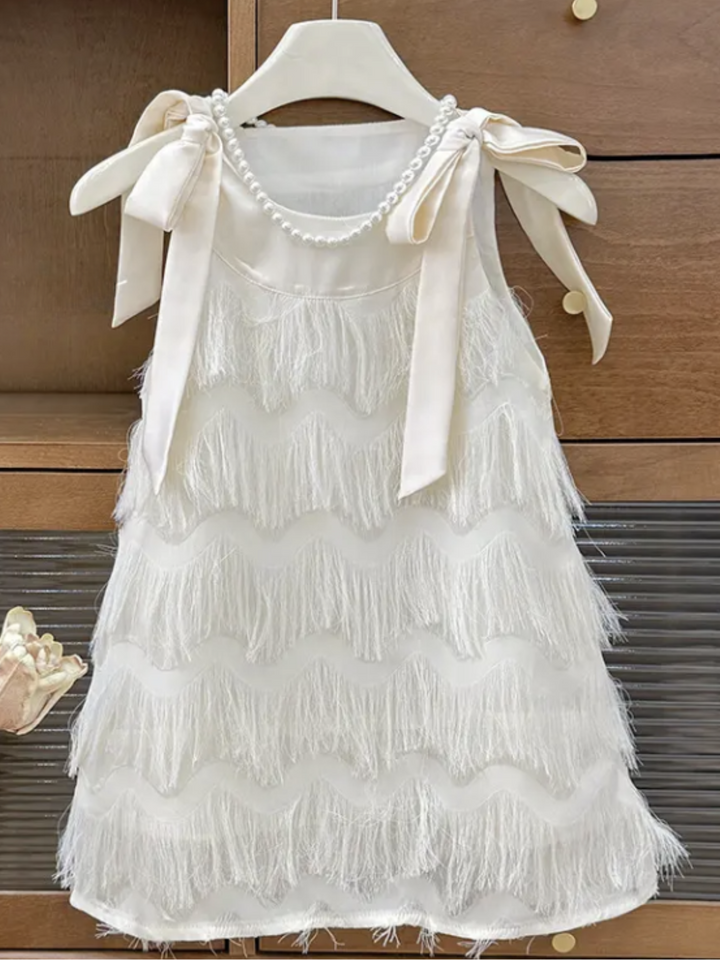 Special Elegant Ivory Fringe A-Line Dress with Bow Straps