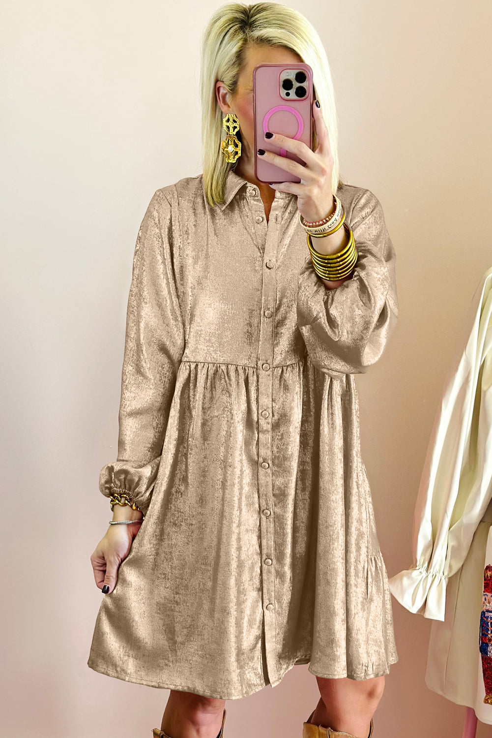 Womens Apricot Metallic Sheen Puff Sleeve Button Up Mini Shirt Dress