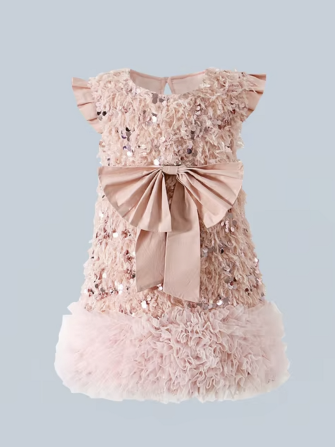 Gold Sequin Ruffle Party Dress with Statement Bow