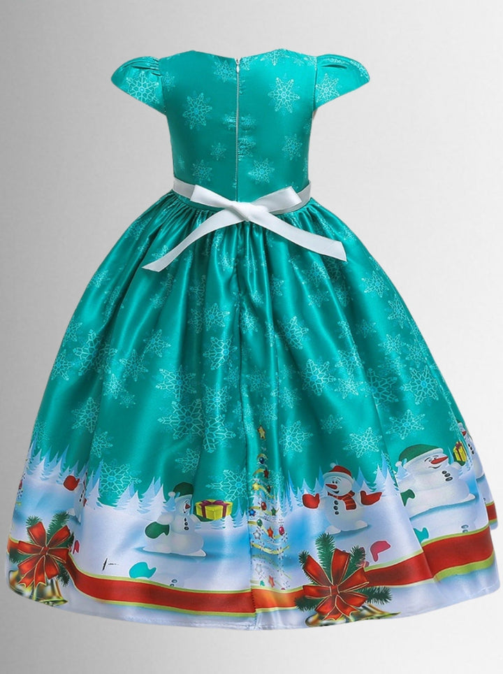 Girls Christmas Dresses | Cap Sleeve Snowman Scene Print Holiday Gown