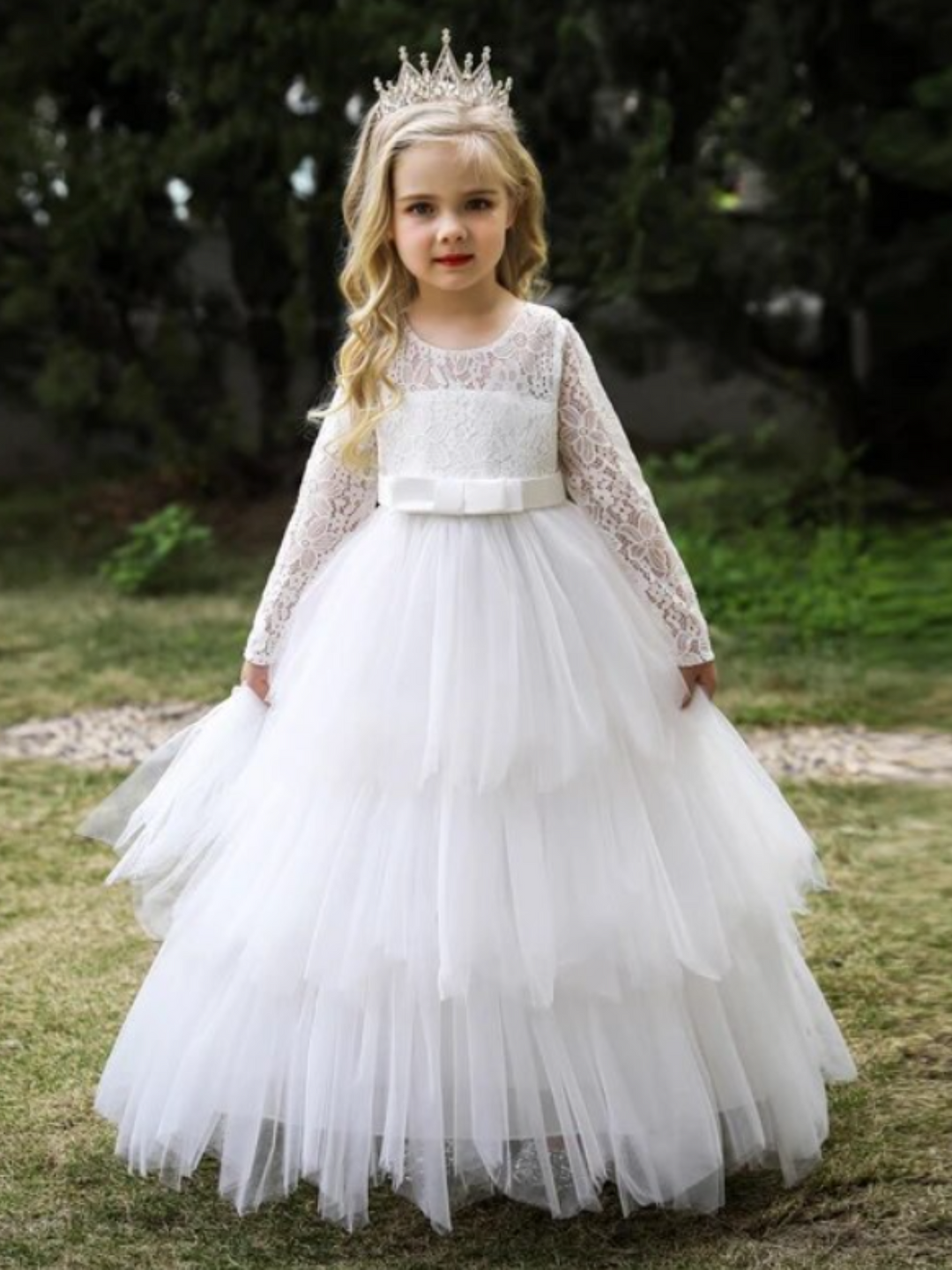 Little Lady Elegance Long Sleeved Tiered Communion Gown White 8Y