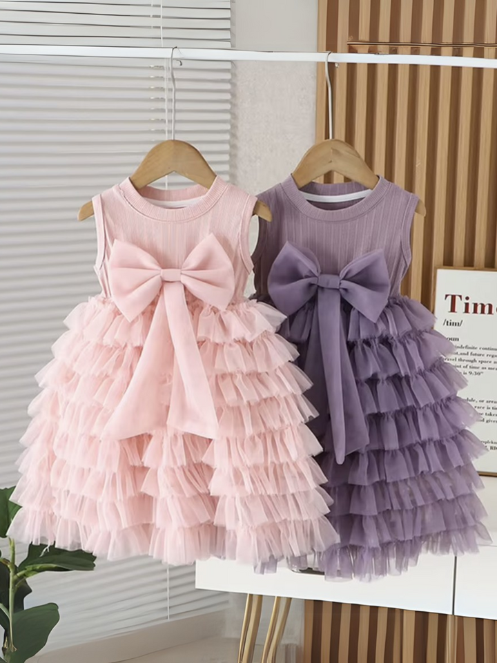 Adorable Layered Ruffle Tulle Dress with Bow Accent